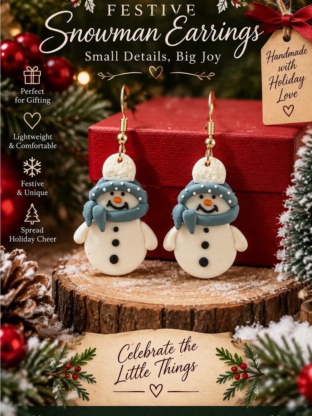 Holiday Snowman Dangle Earrings in Blue Scarf